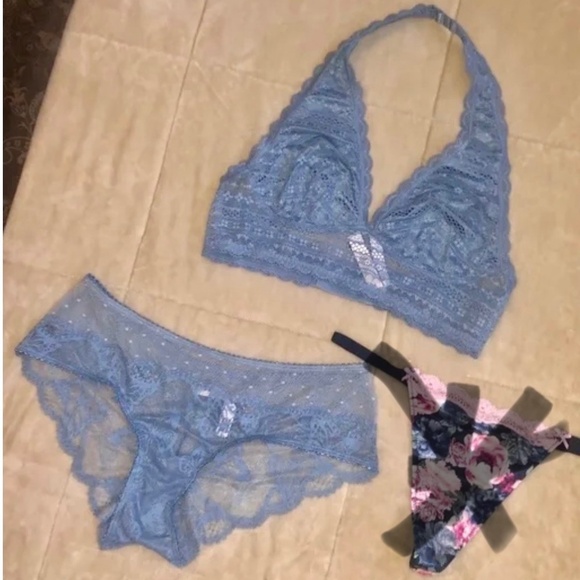 Victoria's Secret Other - Victoria’s Secret Denim Blue Lace Bralette & Mesh Cheeky Set M/L NEW